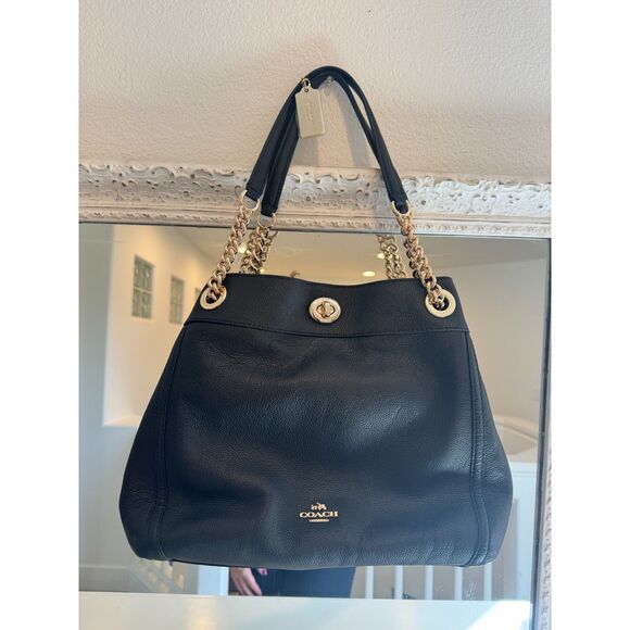 NWT Coach Turnlock Edie Shoulder Bag Purse Black Pebble Leather Gold Hardware - Picture 1 of 11